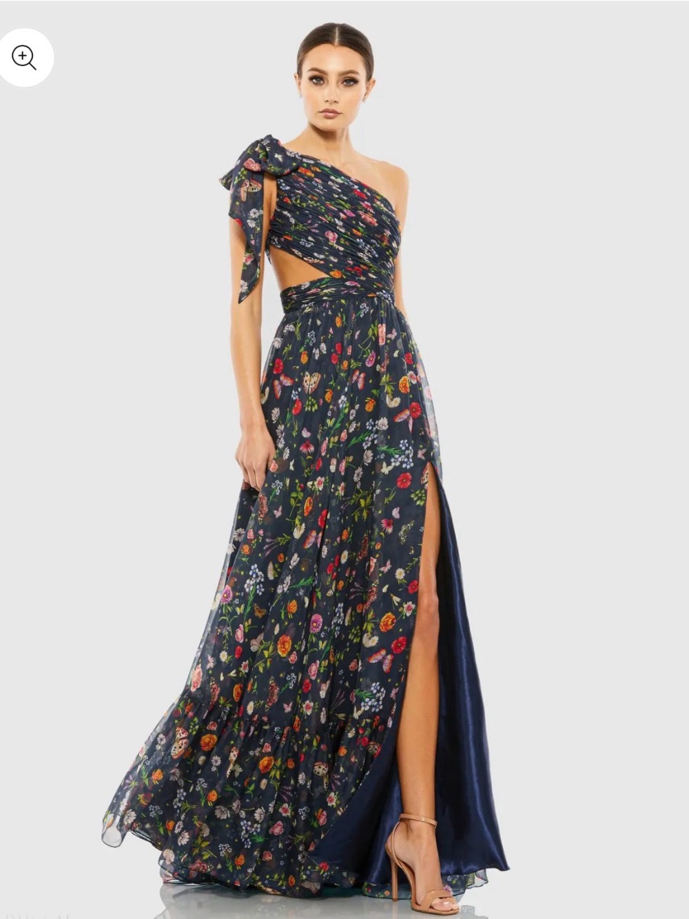 Floral One-Shoulder Navy Maxi Dress with Side Slit